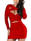 VOGRACE Women's Long Sleeve Cut Out Bandage Bodycon Party Clubwear Dress L Red