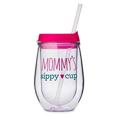 Mommy's Sippy Cup Double Wall Acrylic Stemless Wine Glass With Lid and Straw - 10 oz - Mom Wine Glass