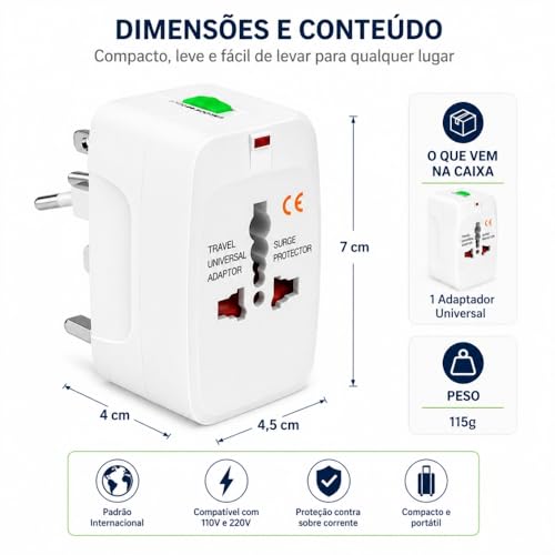 Adaptador de Tomada Universal Internacional - Padrão Mundial para Europa, EUA, UK e Japão - Bivolt com Trava de Segurança