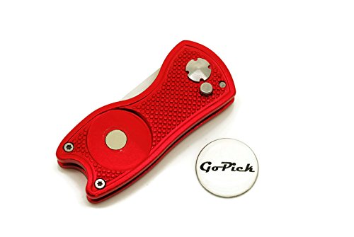 Red GoPick Golf Divot Repair Tool - Stainless Steel Switchblade With Detachable Ball Marker - Thumbnail 2