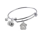 Expandable Wire Bangle bracelet with Silver Plated, Enamel Paw Print Charm, Heart and Love charm and Peace Sign charm, Qty:1