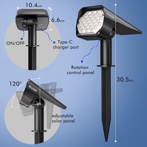 Quntis 4 x Outdoor LED Solar Spotlights 28 LEDs with Lenses, 6 Modes Solar Garden Lights, 3 Colour and USB-C Charging, Powerful Outdoor LED Spotlight Solar Lights for Courtyard Trees