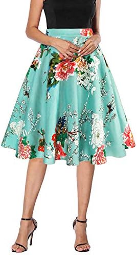 Yanmei Women's 50s Vintage Floral Skirt High Waisted A Line Casual Midi Skirts