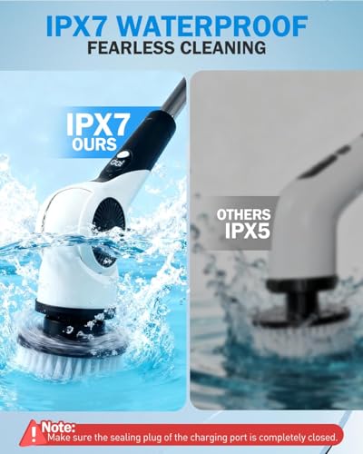 Electric Spin Scrubber, 3-Speed Cordless Shower Scrubber with Long Handle & 10 Replaceable Brush Heads, 90 Mins Runtime & Full-Body IPX7 Waterproof Shower Cleaner Brush for Bathroom Kithchen
