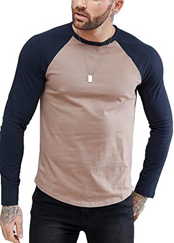 Pastel Brown Grey with Navy Full Sleeves Mens Tshirt Raglan Round Neck T-Shirt Regular Fit