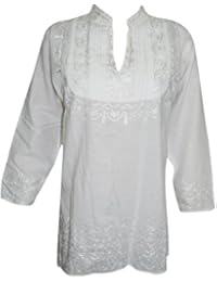 Womens Blouse Summer In The City White Hand Embroidered Elegant Tunic Top Cover Up