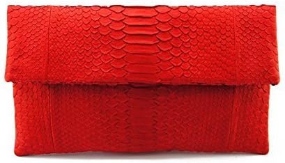 Christmas Red Scarlet Foldover Genuine Python Snakeskin Leather Bridal Bridesmaids Christmas Clutch