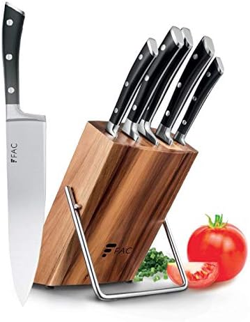 Fac Set de 5 Couteaux Professionnels avec Lame en Acier Inoxydable et Carbone : Chef, Pain, Viande, Office et Cuisine | Kit Chef avec Support en Bois | Manche Ergonomique | Moderne et élégant