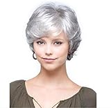 SmartFactory Short Gray White Natural Wavy Fluffy Curly Human Hair Wig for Women and Grandma