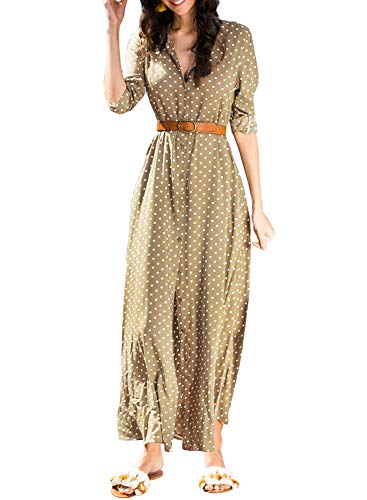 Asvivid Womens Summer Retro Polka Dot Roll Up Long Sleeve Button Down Flowy Beach Shirt Maxi Dress M Brown