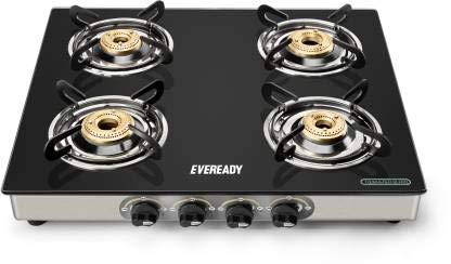 Eveready Glass Top 4 Burner Gas Stove, Manual Ignition, Black