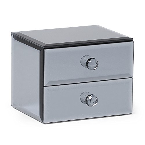 Beautify smoke gray mirrored glass jewelry box with 2 drawers, ve…