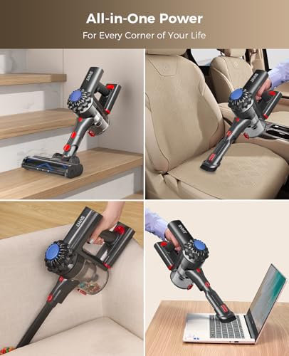 Cordless Vacuum Cleaner, 450W 40KPA Vacuum Cleaners for Home, 45Mins Lightweight Self-Standing Stick Vacuum with Advance Green Light, Rechargeable Battery Vac for Carpet, Pet Hair, Hardwood Floor-Blue
