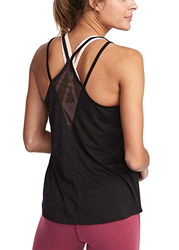 Mippo Women’s Sexy Yoga Workout Tops with Mesh Summer Spaghetti Strap Criss Backless Active Tank Top Casual Beach Gym Sports Shirt Fitness Exercise Clothes Black S