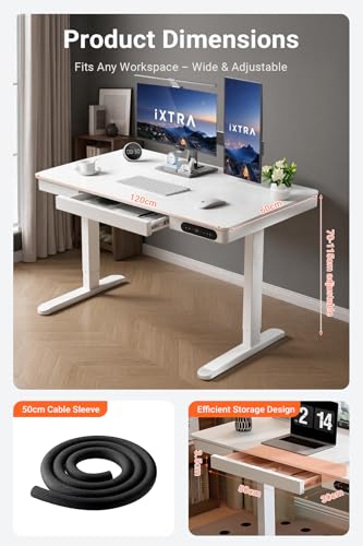 IXTRA Standing Desk with Drawer 120x60cm Whole Piece Tabletop Electric Standing Desk, Height Adjustable Desk with USB Charging Ports, Sit Stand Desk with Storage for Home & Office White