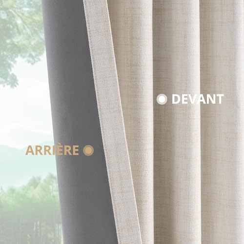 DEFYNEE 100% Blackout Curtains with Eyelets, Discreet Linen Texture – Set of 2 – H245 x W140 cm – Anti-Privacy Curtains with Loops for Bedroom or Living Room, Cream