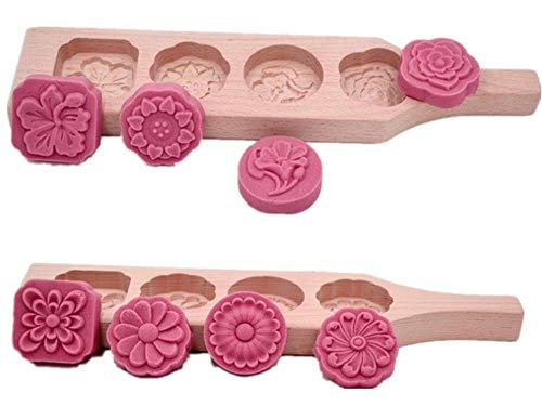 Hewnda China Mooncake Mold - Wooden Cake Mold for Moon Cakes, Springerle, Cookies, Soap (4 holes)