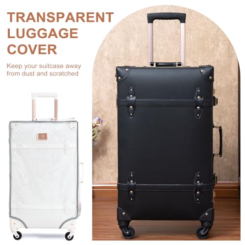 urecity Vintage Travel Suitcase Set with Digital Lock Luxury Cute Retro Cabin Luggage Sets 4 Wheels Suitcase (Black, S(12")+L(26"))