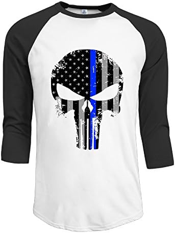 Men's Thin Blue Line The Punisher Logo 100% Cotton 3/4 Sleeve Athletic Baseball Raglan Tee Shirts Black US Size XL