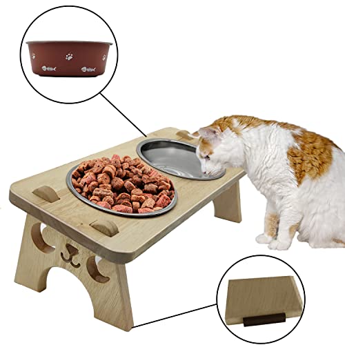 Cat Bowls Stand, Funny Food and Water Feeder for Pet, Interactive Wooden Tilted 15° Feeding Table Set Anti Vomiting, Lovely Cat Table with 2 Resistant Stainless Dishes and Solid Anti-Slip Feet Mat