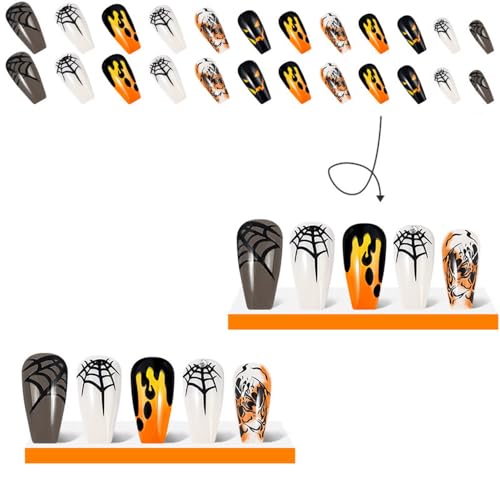 24 Pcs Halloween Press on Nails Medium Coffin Square - SHANRUN Ballerina Fake Nails Press ons Nail Art French Tip Glue on Nails Full Cover Artificial Acrylic False Nails with Ghost Spider Web Design - Image 3