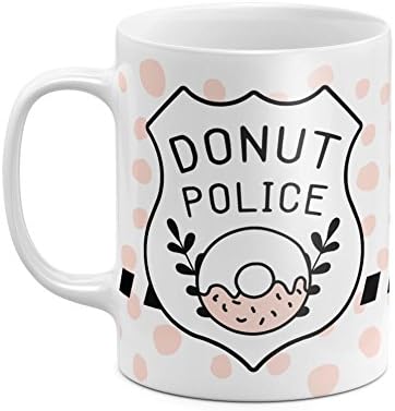 Donut Police Officer Badge Cream Pink Dots Pattern Funny Mug Design White Heat Resistant Ceramic Tea Coffee Mug - 11oz
