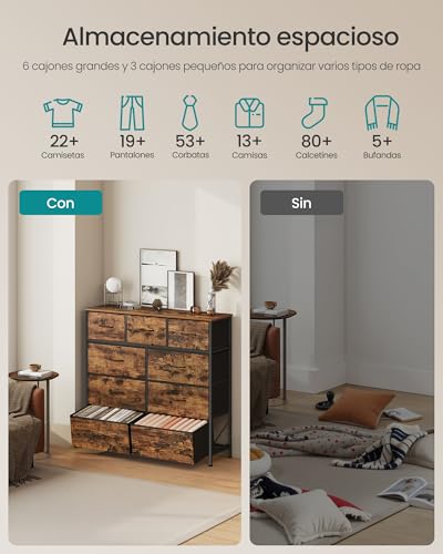 SONGMICS Cómoda, con 9 Cajones, Mueble de Almacenaje, Tela no Tejida, para Dormitorio, Recibidor y Salón, Marrón Rústico y Negro Tinta MLGS324BH04