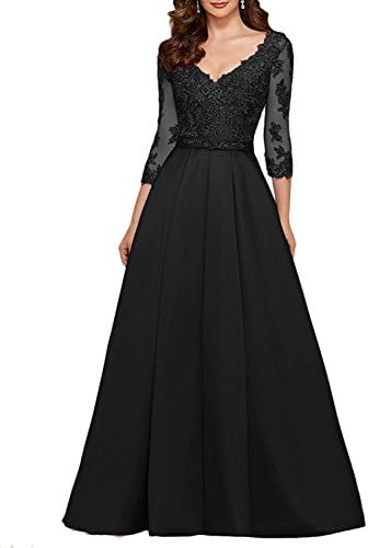 Yanghui Elegant Satin V Neck Half Sleeve Beaded Applique Mother of The Bride Dress Long Evening Gowns Black US6