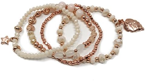 JADE POP - Women's Multicolored Beaded Stretch Stackable Chain Bracelet Set with Charm