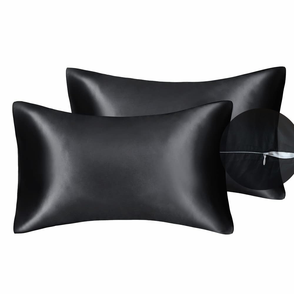 Silky Luxury Satin Pillow Case for Hair & Facial Skin to prevent wrinkles Hidden Zipper (Black, Standard(50x75cm) 2 Pk)