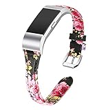 bayite Bands Compatible Fitbit Charge 2, Slim Genuine Leather Band Replacement Accessories Strap Charge2 Women Men, Black/Pink Floral Large