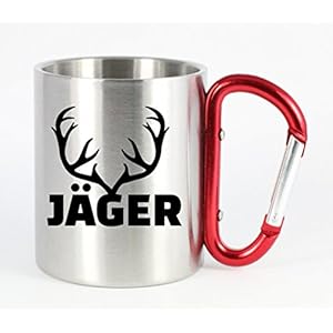 CreaLuxe Edelstahltasse mit Karabiner ‚Jäger‘ Tasse bedruckt, Kaffeetasse, Bürotasse, Metalltasse mit Name