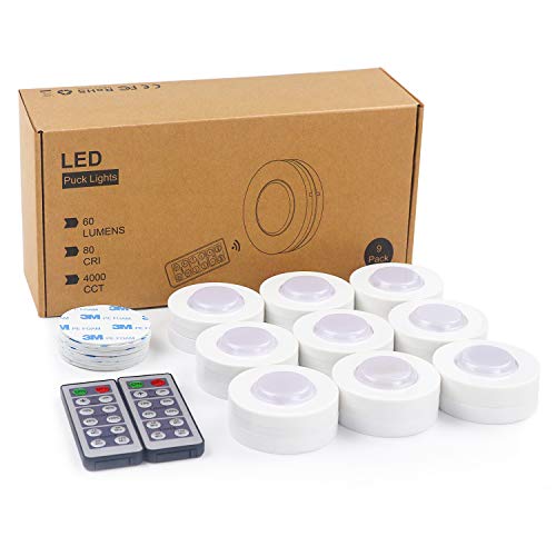 SALKING LED Puck Lights, Wireless LED Under Cabinet Lights 9 Pack with Remote, Battery Operated Closet Light, Dimmable Under Counter Lighting for Kitchen, Natural White