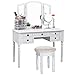 SONGMICS Vanity Set Tri-folding Mirror Make-up Dressing Table Cushioned Stool 5 Drawers White URDT108M