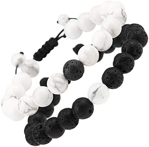 Sunarrive Long Distance Relationship Bracelets - Matching Bracelets for Couples - His and Her Bracelets - Howlite Lava Stone Bracelets - Essential Oil Diffuser Bracelets Adjustable, 2PCS (M)
