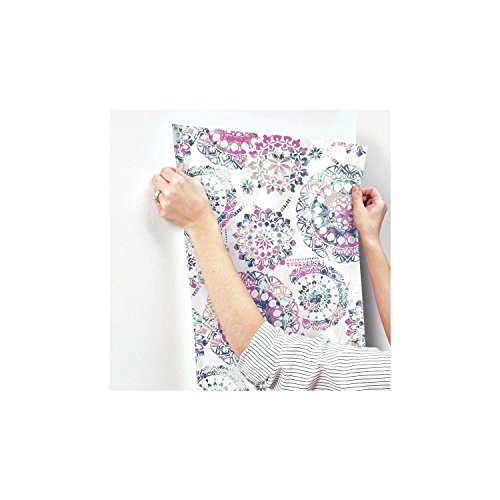 RoomMates RMK9125WP Bohemian Peel and Stick Wallpaper, 20.5" x 16.5 feet, Pink/Blue