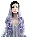 SEIKEA 30'' Long Wavy Wig Cosplay Costume Part Side for Women Black Root Natural Hair Night Party Makeup - Light Purple White Ombre