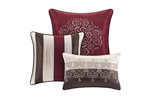 Madison Park Donovan Queen Size Bed Comforter Set Bed In A Bag - Taupe, Burgundy , Jacquard Pattern â€“ 7 Pieces Bedding Sets â€“ Ultra Soft Microfiber Bedroom Comforters