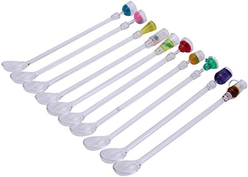 Tiki Time Swizzle Sticks with Spoon (10) - 9" Cocktail Party Markers - Fun Frozen Drink Stirrers - Happy Hour Glass Marker - Hukilau Parties - Acrylic - Assorted Colors - Ten Pack (spoon-end)