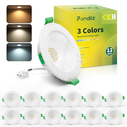 Fondiiz Pack of 12 Recessed LED Spotlights 68 mm, 4 W 3CCT Ceiling Spotlights | Warm White 3000K Neutral White 4500K Cool White 6000K Adjustable, IP44 Recessed Bathroom Lighting, Energy Saving