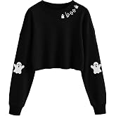 KIDDAD Halloween Sweatshirts for Women Embroidered Halloween Ghost Crop Top | Halloween Cropped Sweatshirt Embroidered Ghost Skull Graphic Shirt Spooky Season Sweater Fall Witchy Crewneck Pullover