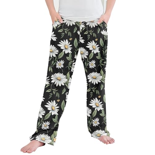 White Daisy Flower Long Pajama Pants Elastic Waist PJ Bottoms with Pockets S B0401809