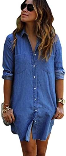COSYOU Womens Long Sleeve Blue Denim Long Tops Blouse Denim Shift Dress