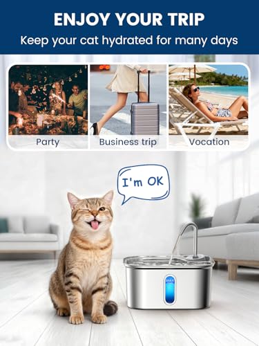 Cat Water Fountain Stainless Steel for Cats Indoor 2.5L 85oz by BPA-Free SUS304, Effective 6-Layer Filter Cat Fountain for Drinking 20dB Ultra Quiet Metal Pet Water Fountain (Fountain+1 Filter)