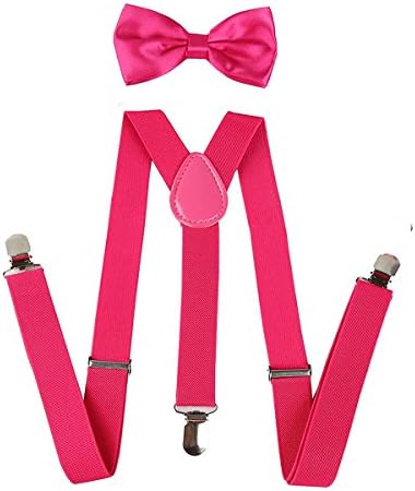 Mens Suspender Bow Tie Set Clip On Y Shape Adjustable Braces , Hot Pink