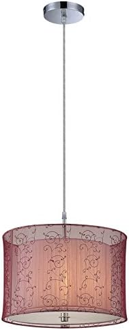 1-Light Drum Burgundy Organza Pendant Fixture in Chrome