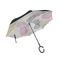 KUneh Double Layer Inverted Vector Yellow Grey Pink Pineapple Polka Umbrellas Reverse Folding Umbrella Windproof Uv Protection Big Straight Umbrella for Car Rain Outdoor with C-Shaped Handle