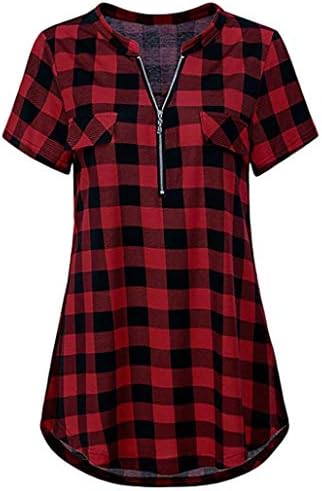 ESAILQ Women's Interview Office Concert Formal Casual Zip Plaid V Neck Short Sleeve Casual Polo Shirt Blouse Top