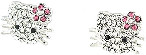 Hello Kitty Earring Studs Silver-tone Pink and Clear Crystals 12x12mm