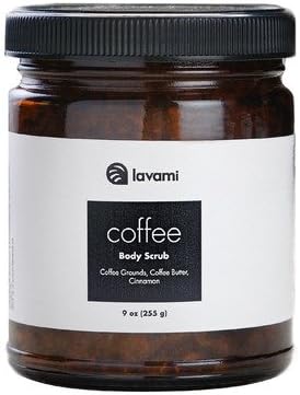 Lavami Coffee Body Scrub with Calgary Heritage Roasting Co. Ground Coffee, Coffee Butter, Raw Sugar, White Sugar, Coconut Sugar, Sweet Almond Oil, Cinnamon Essential Oil and Vanilla Absolute, 9 oz